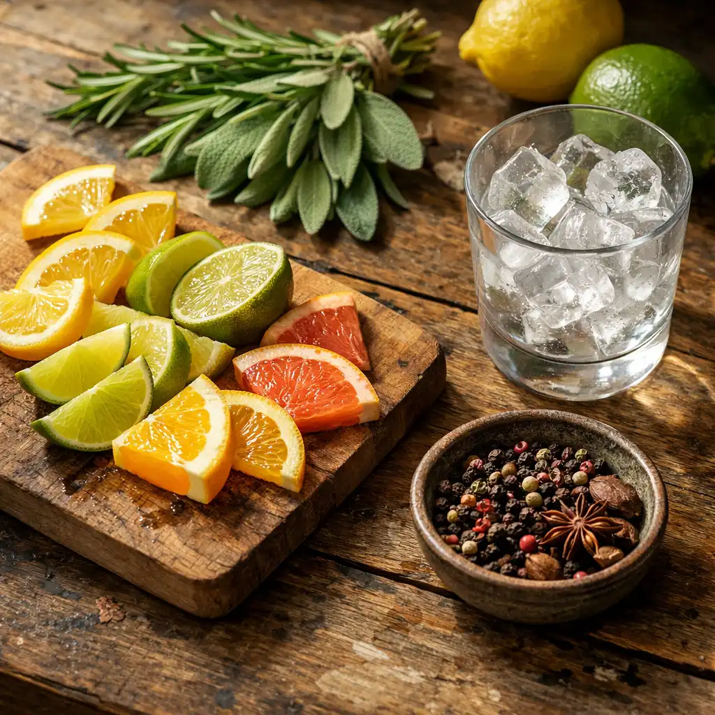 Fresh cocktail ingredients arranged on a wooden bar top