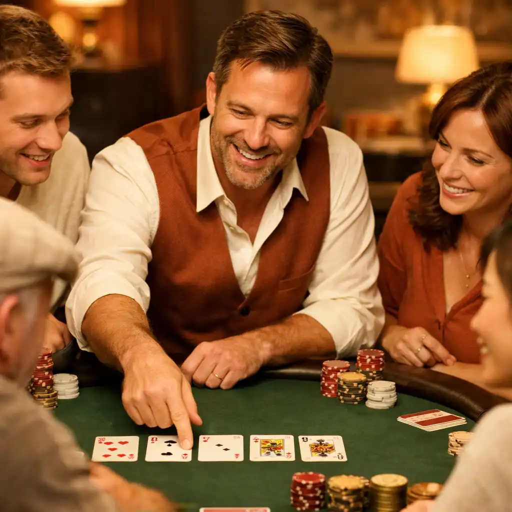 A friendly host teaching a small group of beginners how to play poker at a card table in a cozy lounge