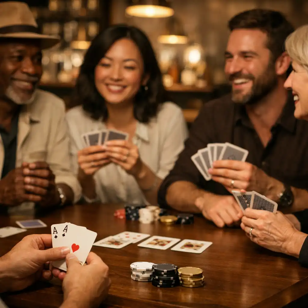 A warm, atmospheric scene of a small group of adults playing cards at a wooden table in a stylish lounge