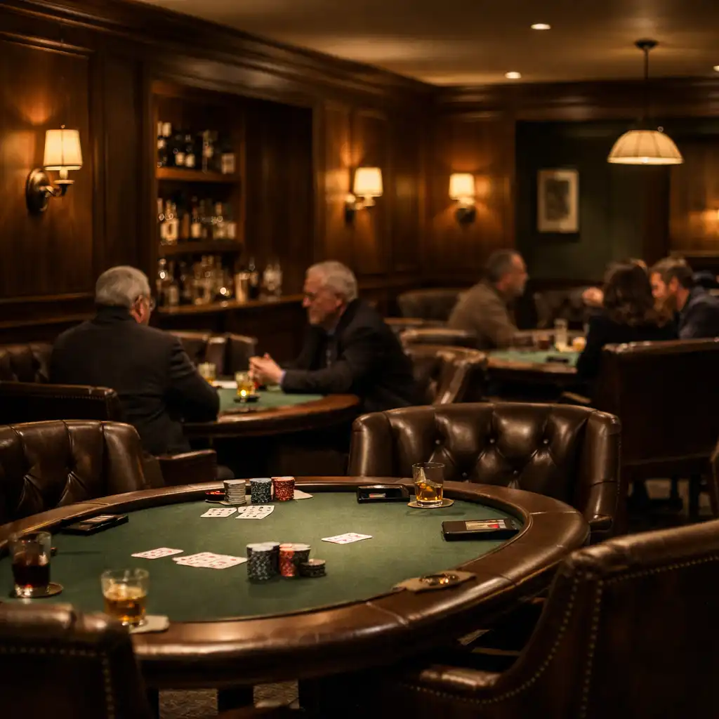 Warm card lounge interior with poker tables, leather chairs, and brass lighting