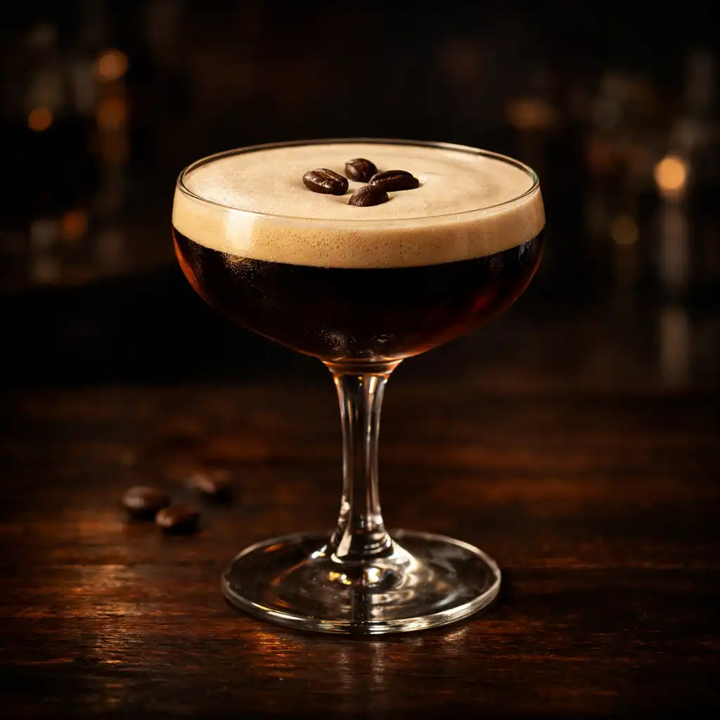 Espresso martini in a coupe glass topped with three coffee beans