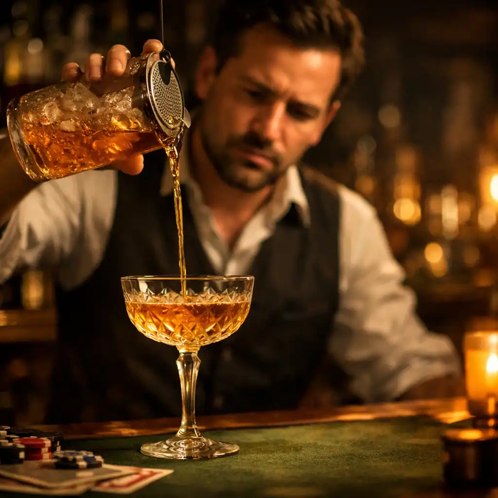 Bartender pouring a golden cocktail in a warmly lit bar