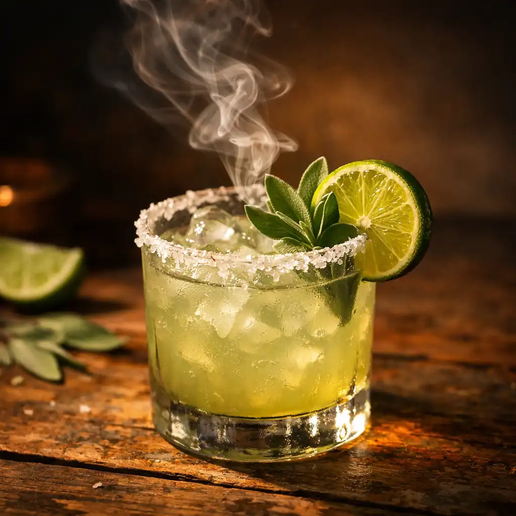 Smoked sage margarita with salt rim and lime wheel