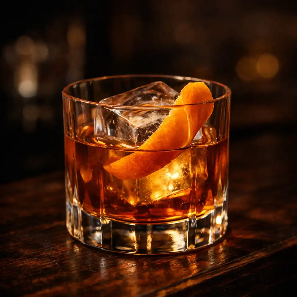 Old Fashioned cocktail with orange peel in a rocks glass