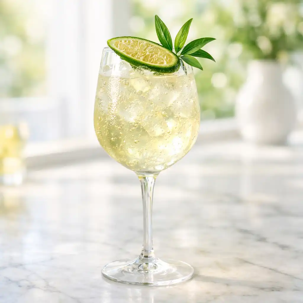 Native botanicals spritz in a stemmed glass with finger lime