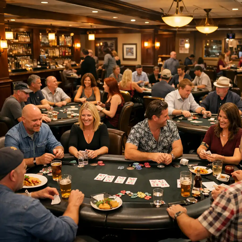 A lively card lounge with multiple poker tables occupied by groups playing and socializing, with food and drinks on some tables