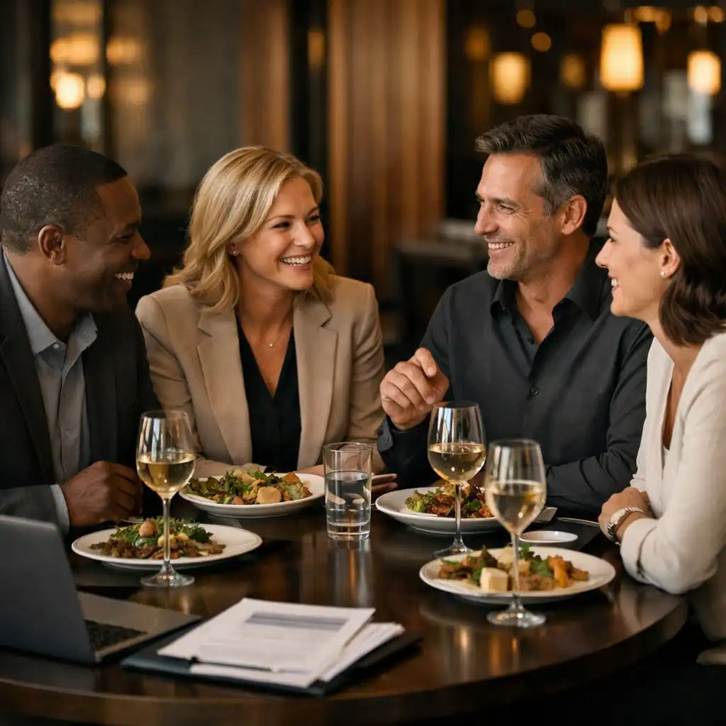 A group of professional adults in smart casual attire enjoying a corporate dinner at a round table in a stylish restaurant