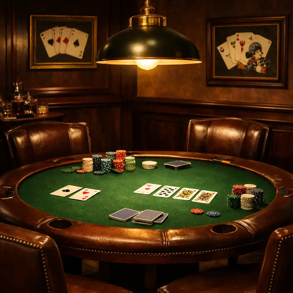 Card lounge with a round poker table, green felt, and leather chairs under a brass lamp