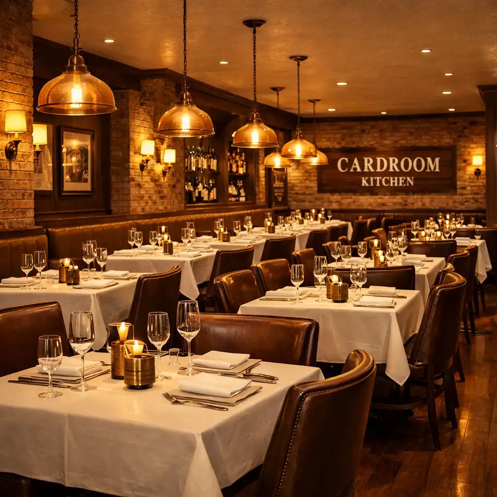 Main dining room with white tablecloths, leather chairs, and warm pendant lights