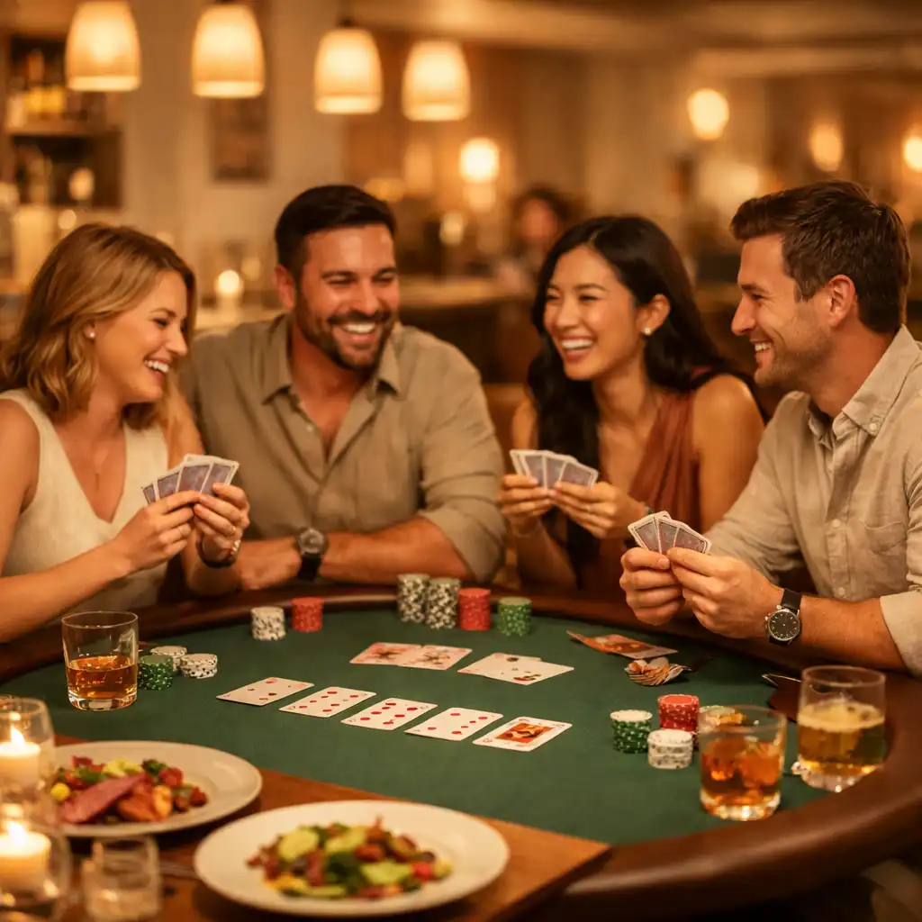 Warm restaurant interior with a dedicated poker table and friends enjoying a meal together