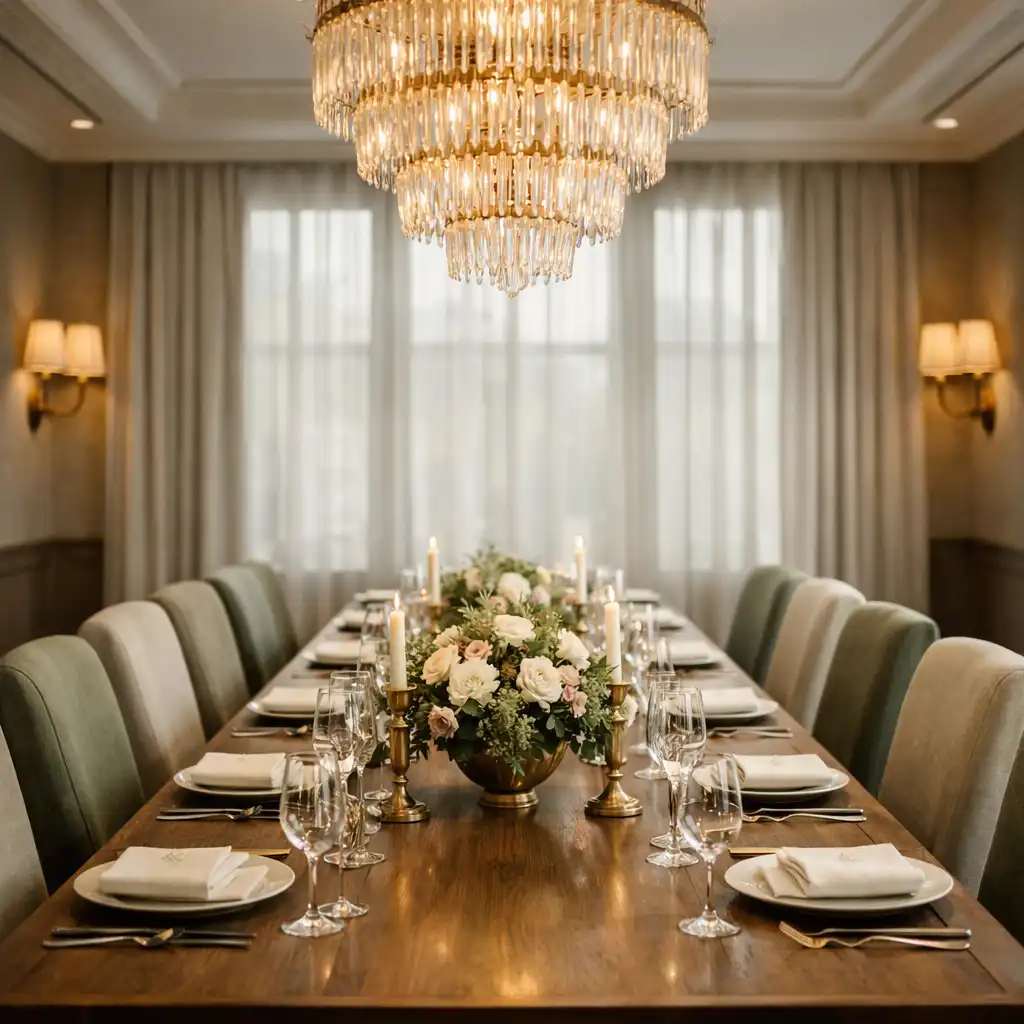 Private dining room with a long wooden table set for ten guests and a statement chandelier