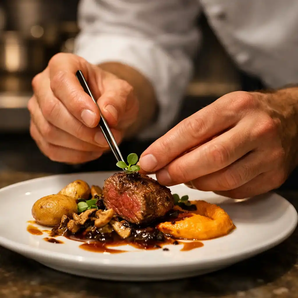 A chef's hands carefully plating a dish in the kitchen