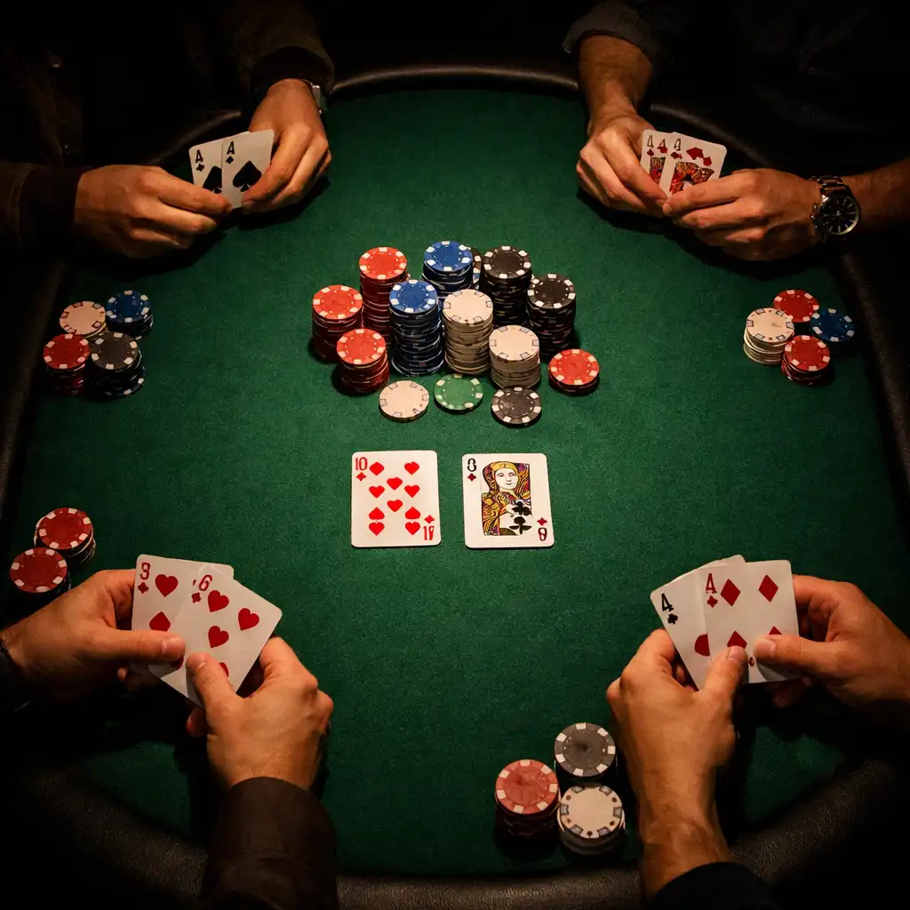 Overhead view of a poker table with hands holding cards and chips