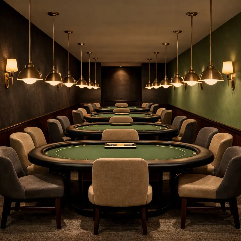 Row of poker tables with comfortable chairs under soft brass lighting