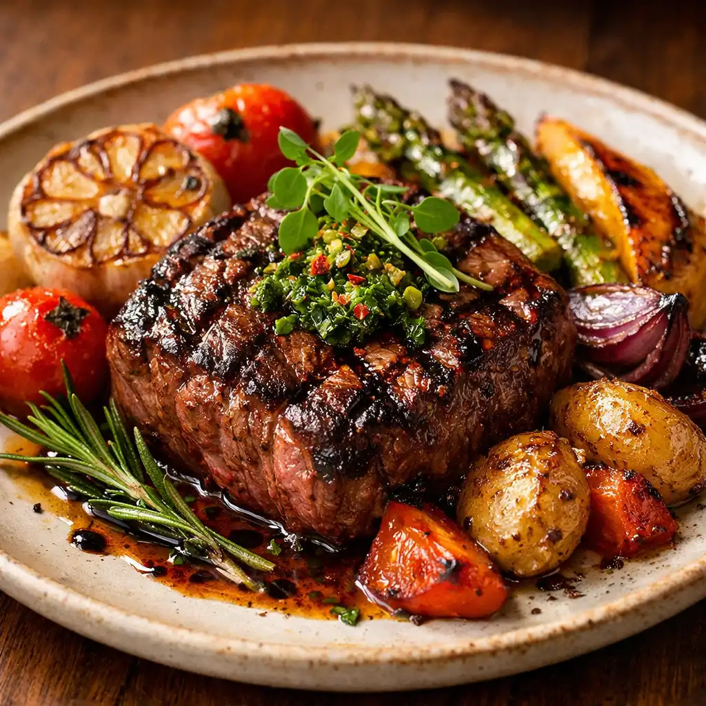 Plated grilled dish with seared steak and roasted vegetables