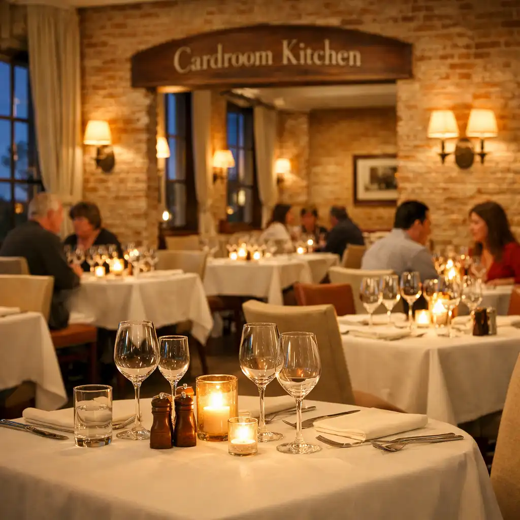 Dining room at Cardroom Kitchen with white linens, wine glasses, and candles