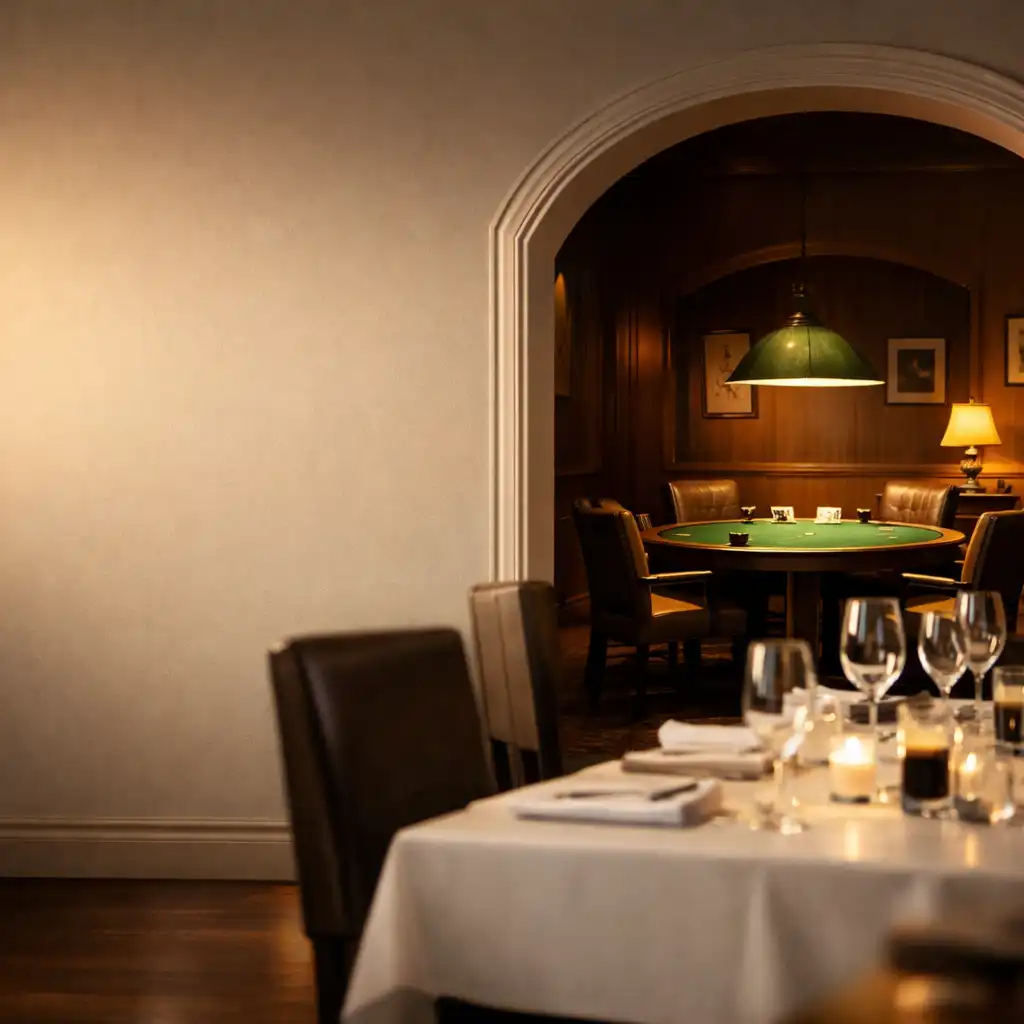 The dining room set for the evening with the card lounge visible through an archway