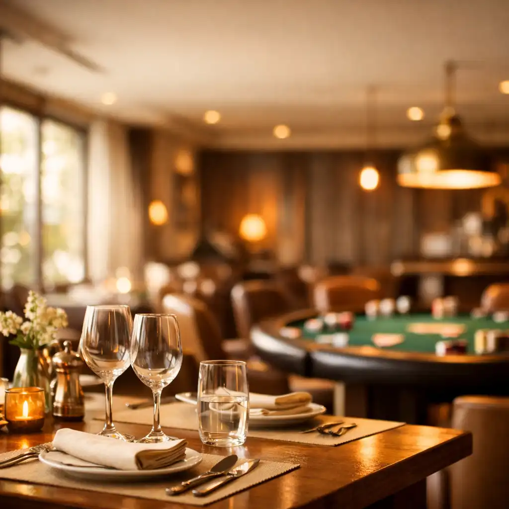 Warm interior of Cardroom Kitchen with a dining table in the foreground and a softly lit poker table in the background