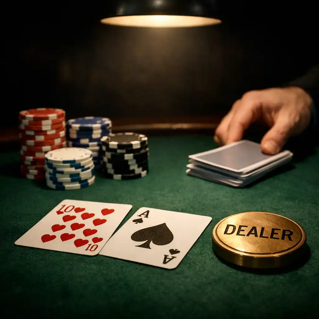 Poker table with cards, chips, and a brass dealer button under warm light