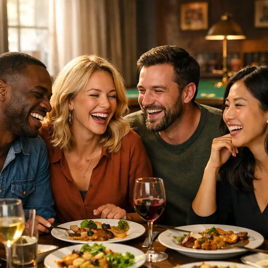 Group of friends laughing together at a dining table