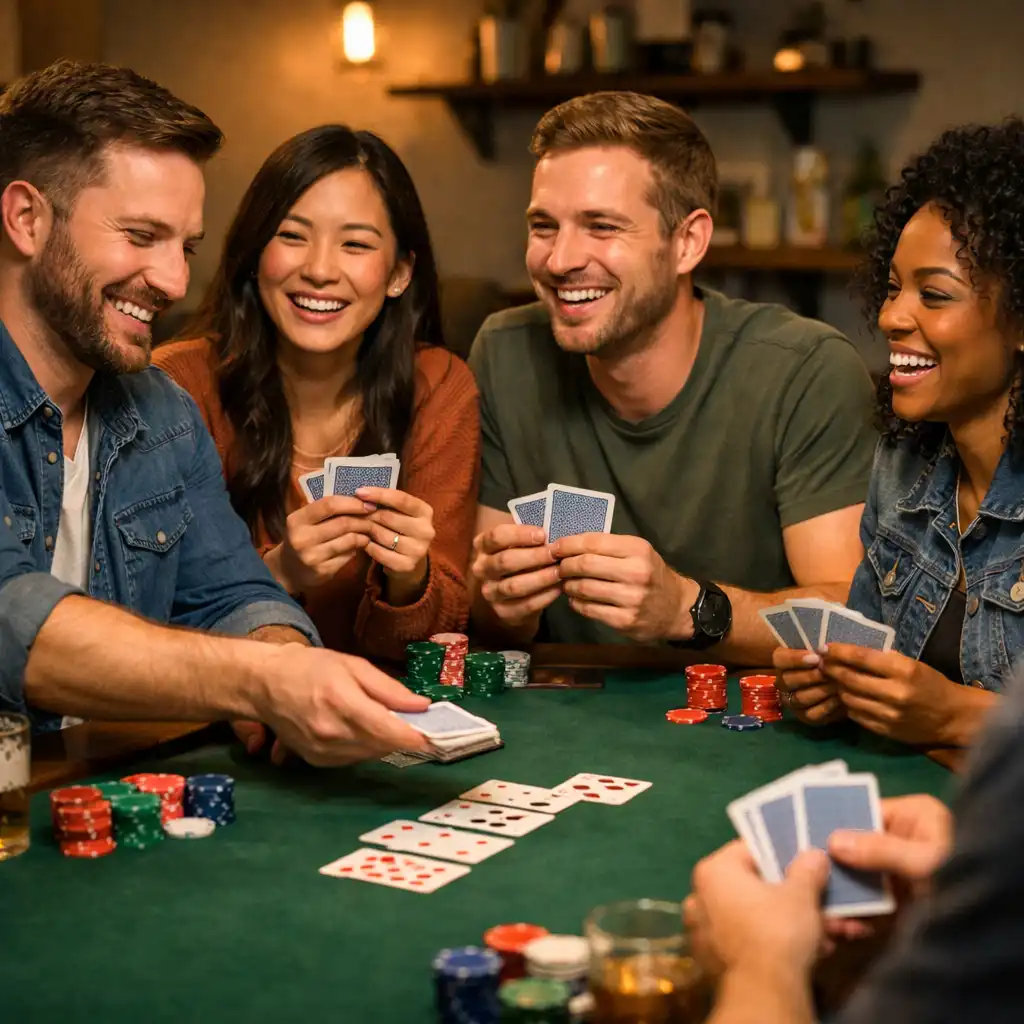 Friends seated around a poker table enjoying a friendly game
