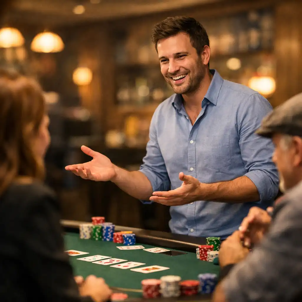 A friendly host standing beside a poker table, smiling and explaining the game to seated players