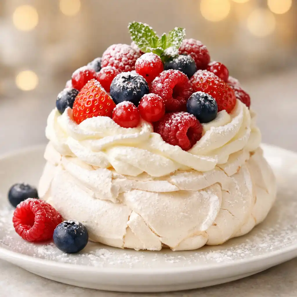 Pavlova with fresh berries and powdered sugar on a white plate