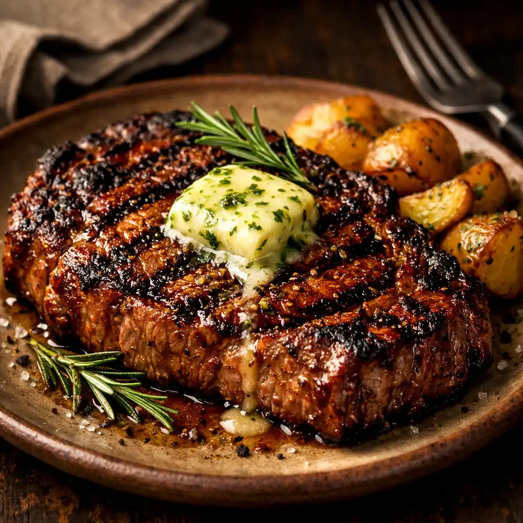 Wood-fired ribeye steak with herb butter and roasted potatoes