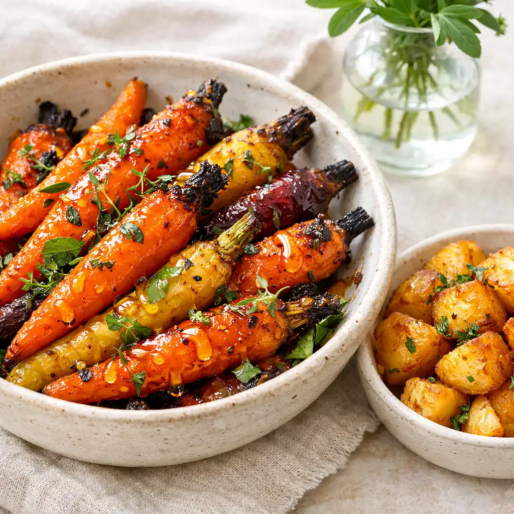 Wood-fired carrots and duck fat potatoes in a bright, fresh setting