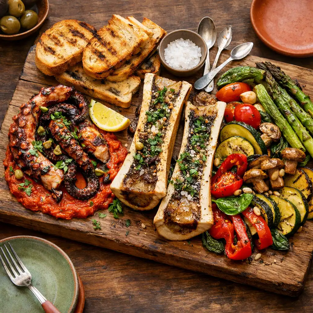 Rustic board of share plates with charred octopus, bone marrow, and seasonal vegetables