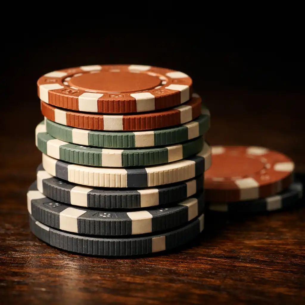 A close-up stack of high-quality clay poker chips in terracotta, sage, ivory, and charcoal on a dark wooden table