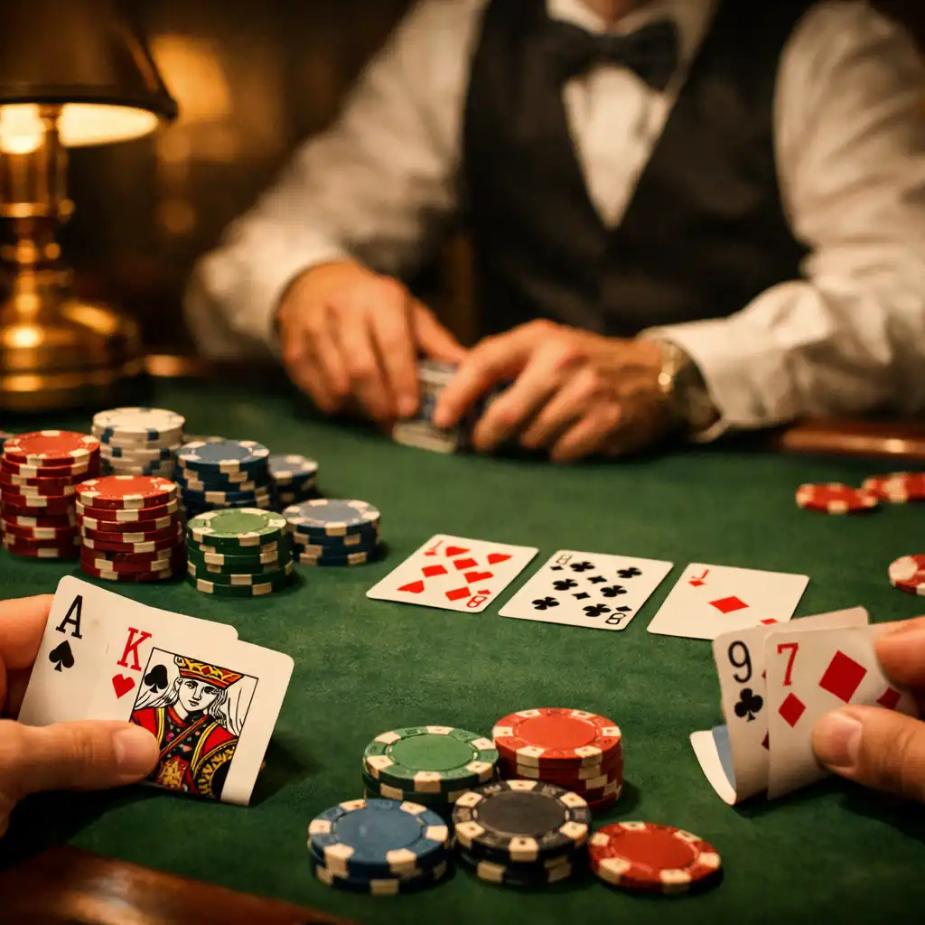 Close-up of a friendly poker table with cards, chips, and a dealer