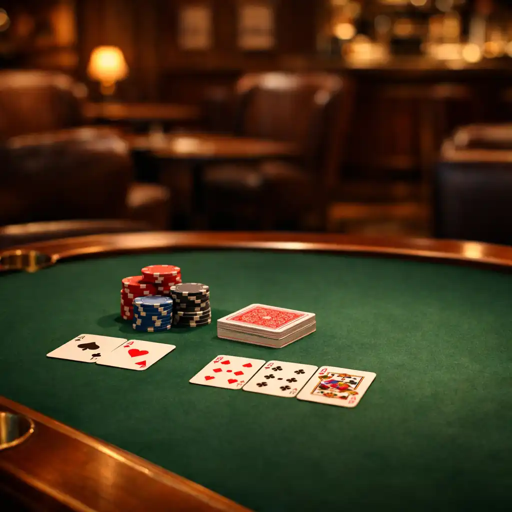A warmly lit poker table with clay chips and a deck of cards, set in an upscale restaurant lounge