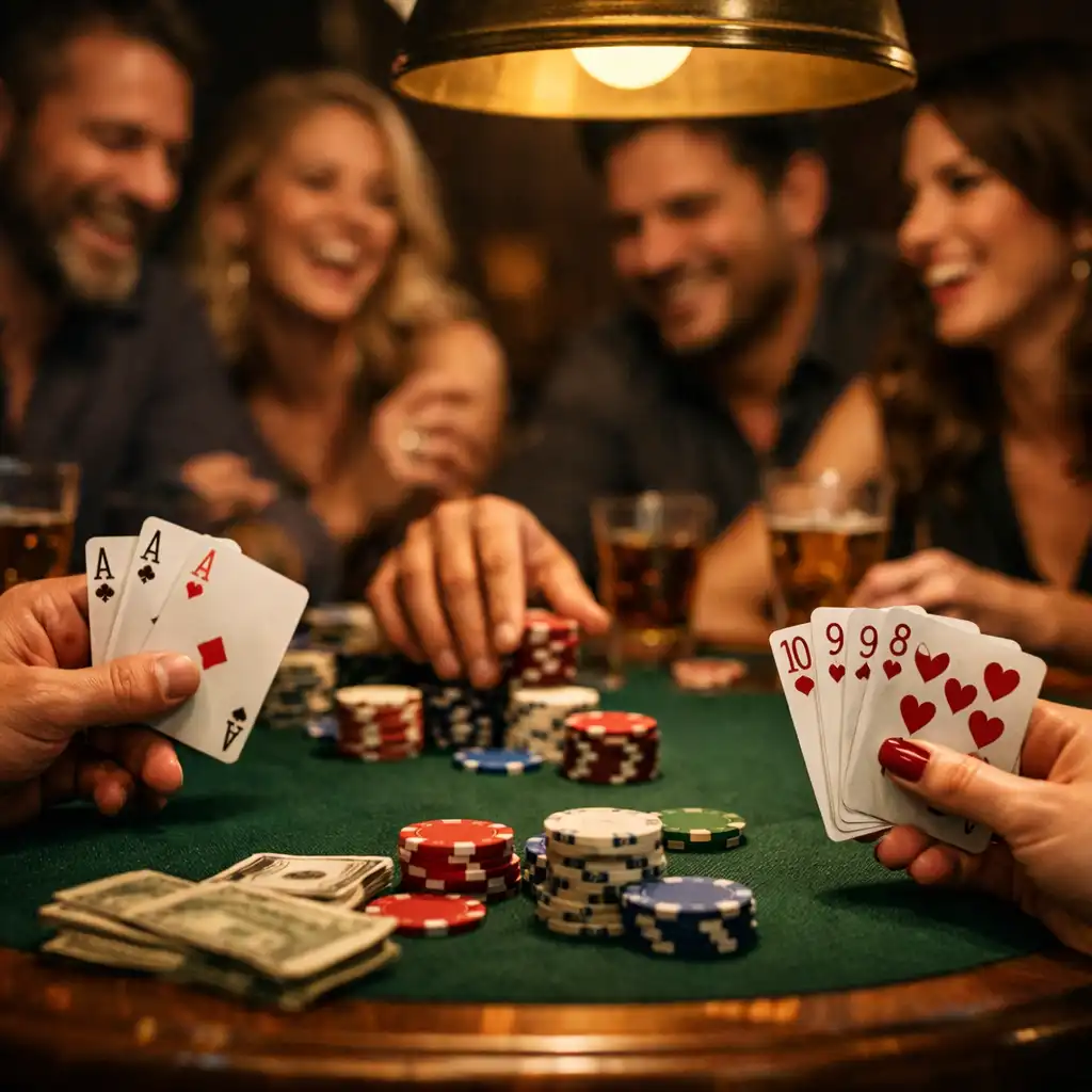Friends laughing and playing cards around a wooden poker table at Cardroom Kitchen