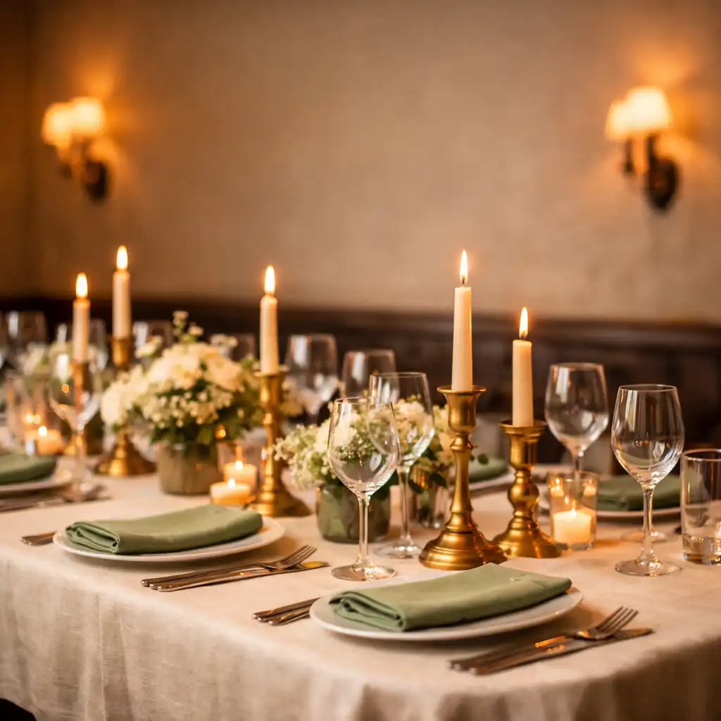 An elegant private dining room set for a celebration with ivory linen, brass candlesticks, and sage green napkins