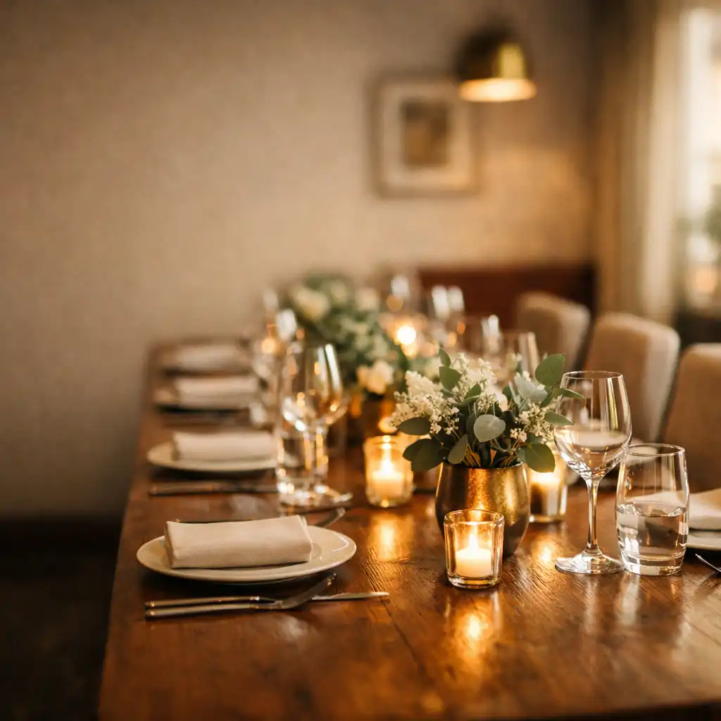A warmly lit private dining room with a long table set for a special occasion
