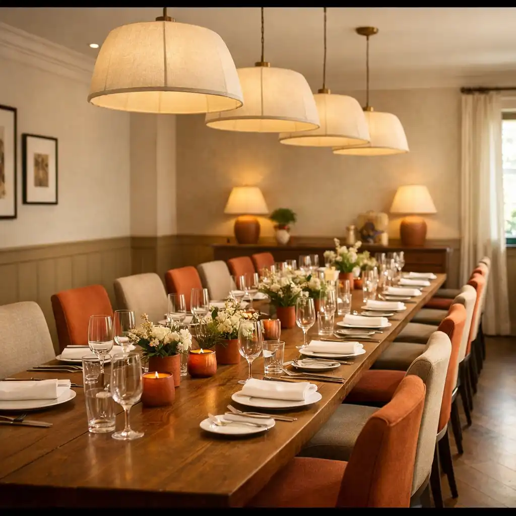 The Private Dining Room set for up to 20 guests with a long communal table