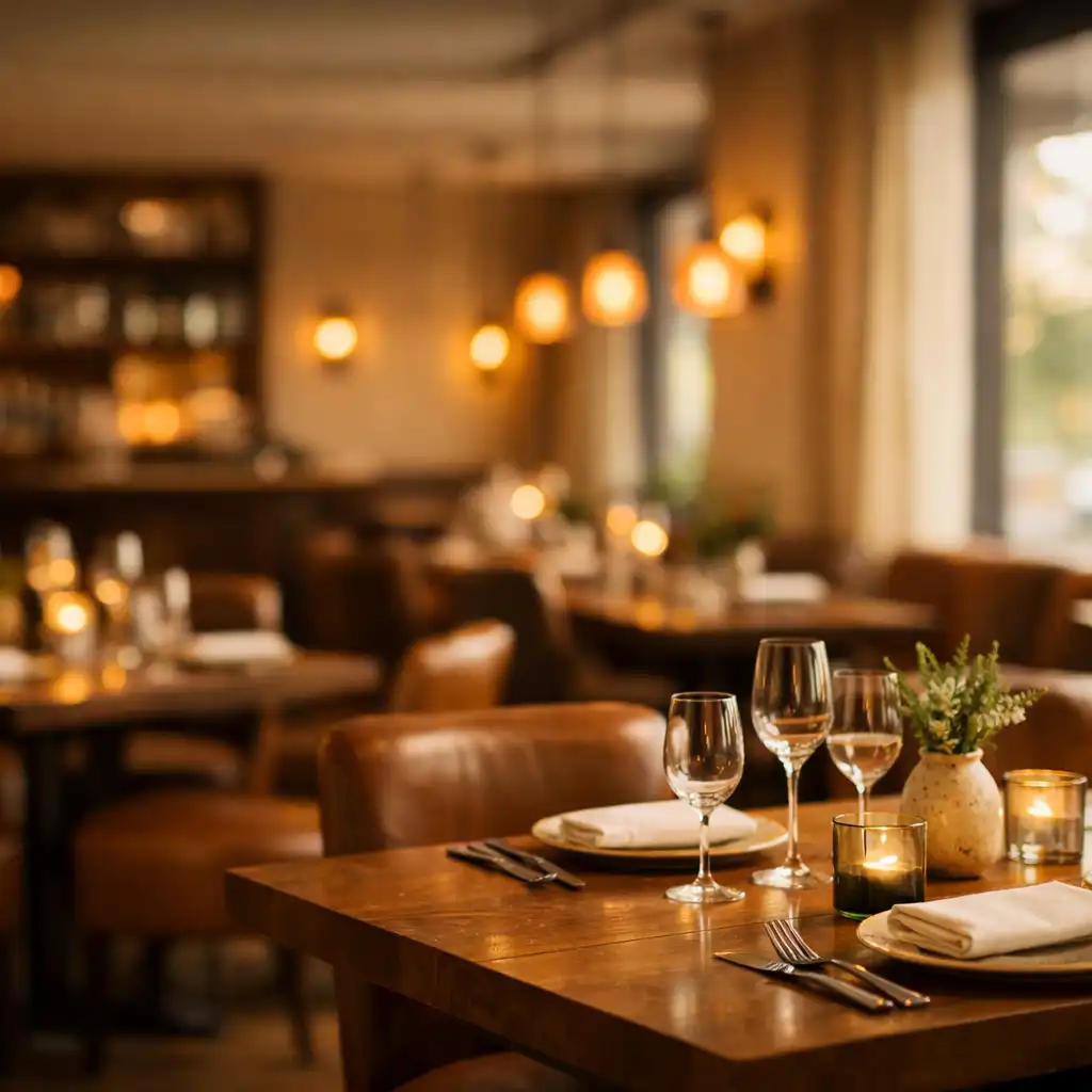 Warm dining room at Cardroom Kitchen with wooden tables, leather chairs, and soft pendant lighting