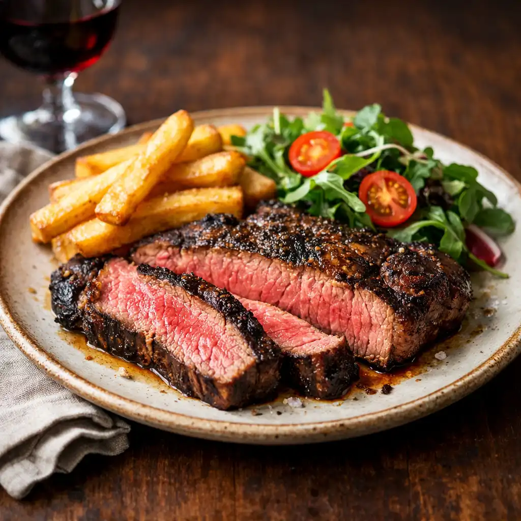 Charred grass-fed ribeye steak with hand-cut chips and salad
