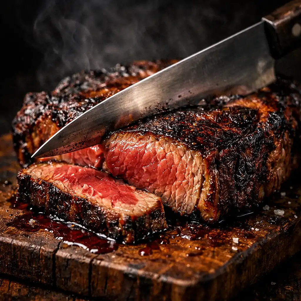 Dry-aged ribeye steak being sliced on a wooden board with rich juices