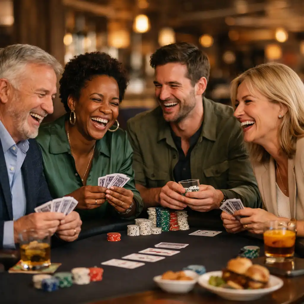 A group of people laughing and playing cards at a poker table with drinks and small plates nearby